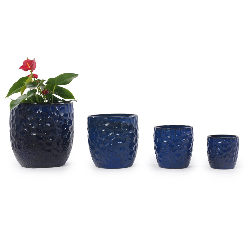 Fioriera compatta in ceramica con foro di drenaggio e superficie martellata, per piante da interno, blu navy Ø22,5 cm