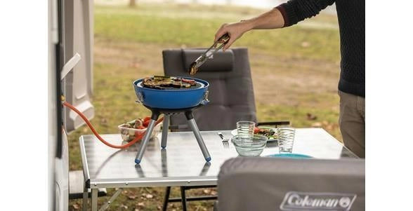Campingaz 2177091 Party Grill 400 Caravan Grill 2000 W propano-butano con coperchio rimovibile e 3 gambe colore Nero Blu Acciaio satinato