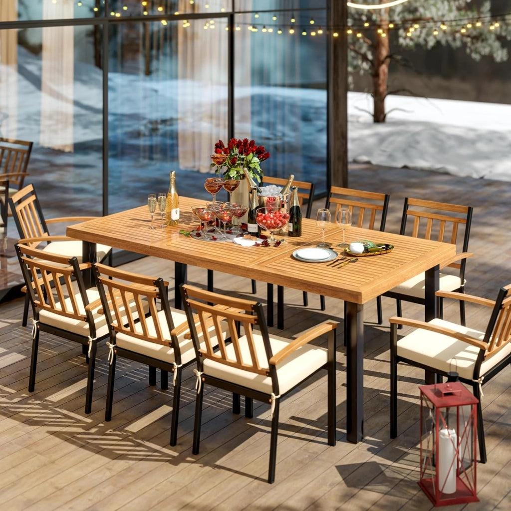 Tavolo da Giardino con Foro per Ombrellone, Tavolo da Pranzo in Legno di Acacia, Tavolo Rettangolare per 8 Persone, 200 x 100 x 75 cm, per Esterni, Balcone, Cortile, Patio (Modello C)