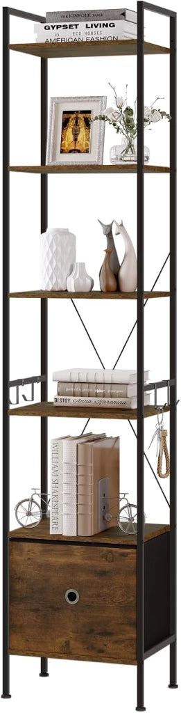 Libreria a 5 Piani con 2 Cassetti, Scaffale di Stoccaggio a Pavimento, Industriale, Struttura in Acciaio, Soggiorno/Ufficio/Studio/Cucina/Camera da Letto, Marrone Rustico+Nero, RGB62vbn