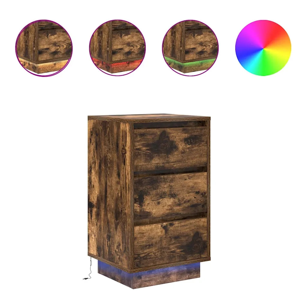 Comodino | Armadio da Notte | Mobiletto da notte con Luci LED Rovere Fumo 38x34x65 cm