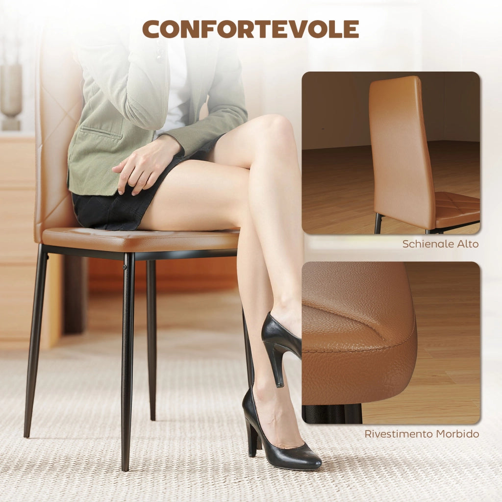 Set 6 Sedie da Pranzo Moderne con Schienale Alto in Similpelle e Acciaio ¨C Zephmum ¨C Marrone 41x50x97 cm