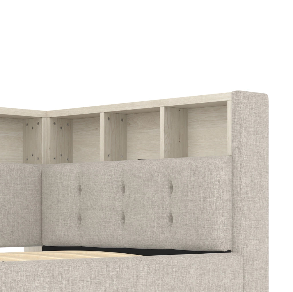 Letto singolo 90 x 200 cm con vano idraulico; LED RGB; USB e Type-C; lino; beige