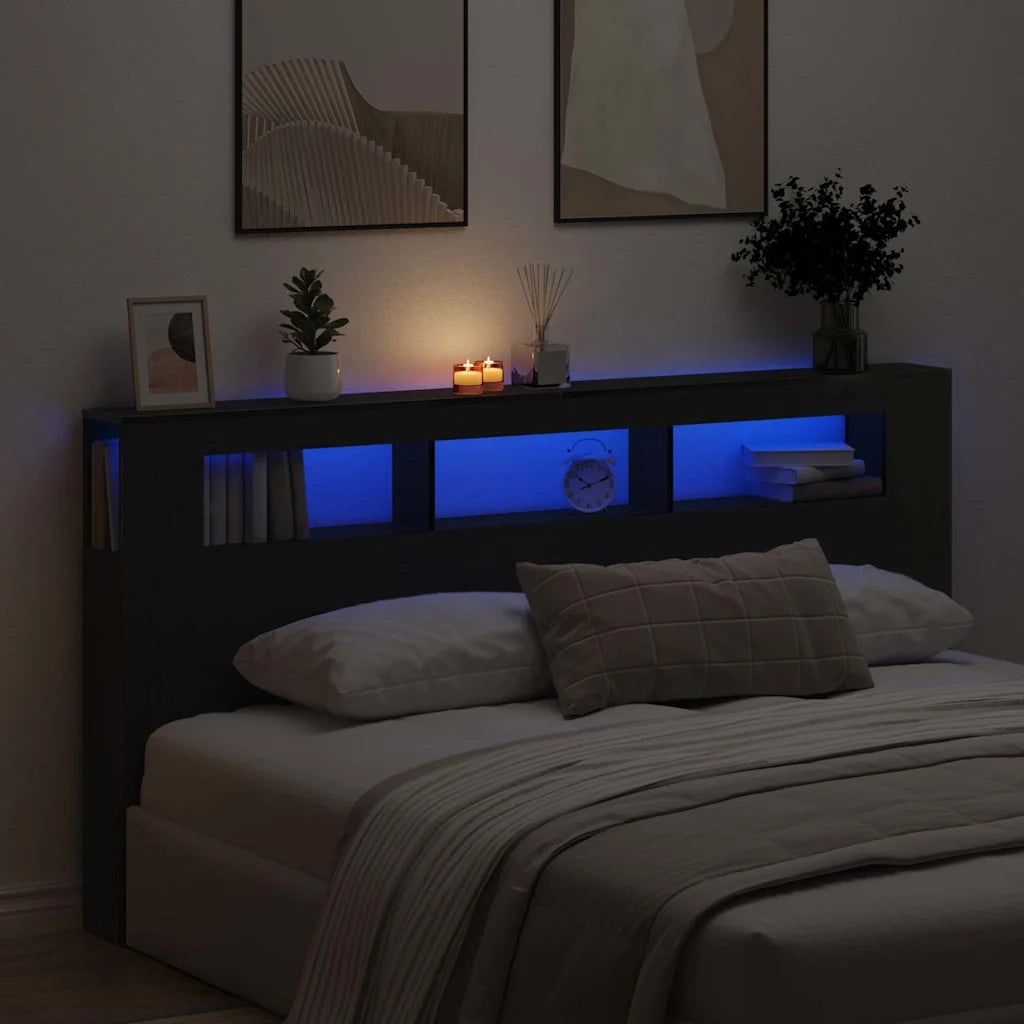 Testiera LED con lo scaffale Rovere Nero 200 x 18,5 x 103,5 cm 863116