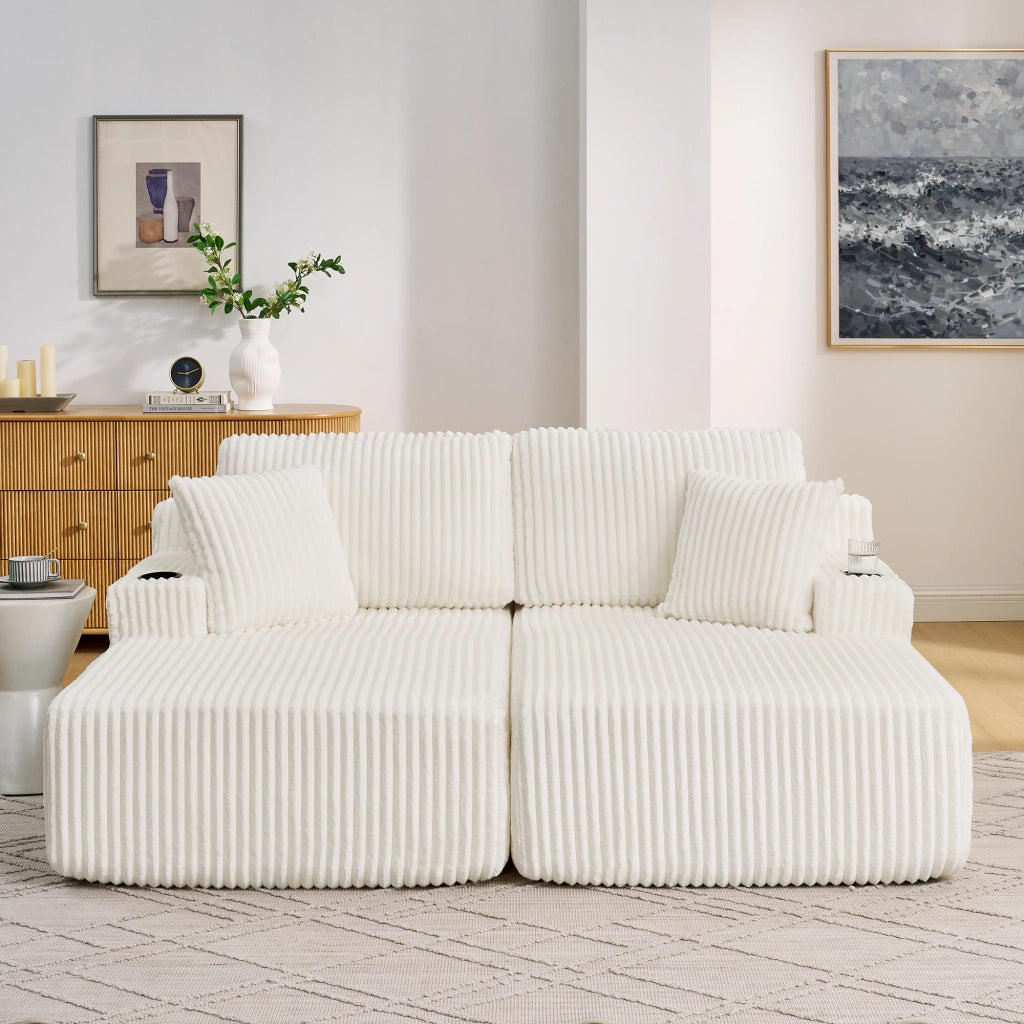 Divano letto 2 posti - con tasca laterale e portabevande - in tessuto a coste beige
