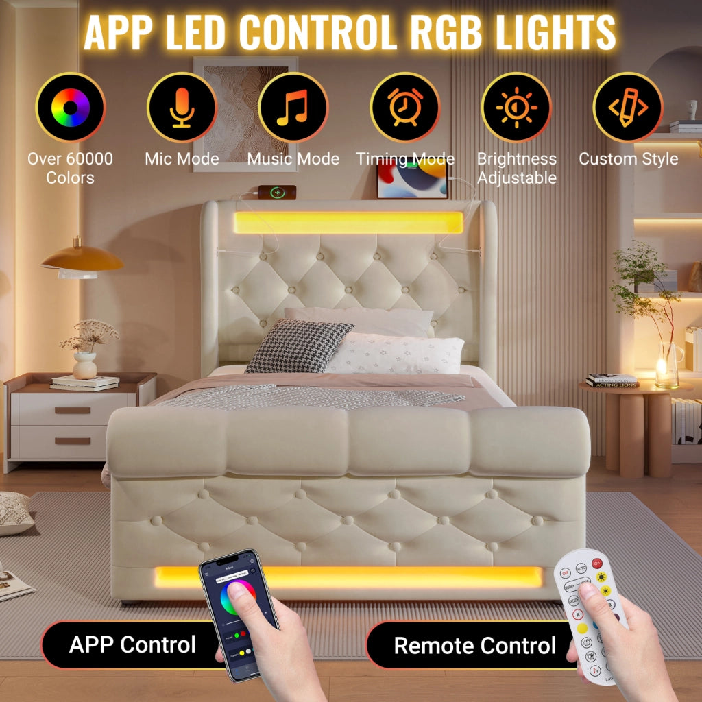 Letto singolo imbottito 90x200 cm beige in velluto con LED, porta USB e Type-C, contenitore idraulico