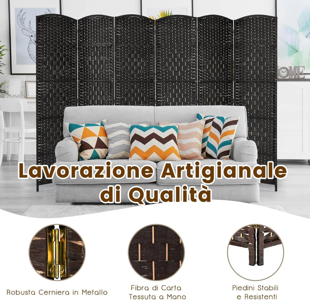 Paravento da Interno ed Esterno 6 Pannelli, Separé Divisorio Pieghevole in Carta Intrecciata a Mano e Cornice in Legno Massello per Camera da Letto, Soggiorno e Ufficio, 273 x 180 cm (Nero)