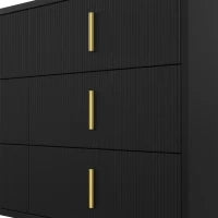 Credenza con 6 cassetti, maniglie e gambe dorate, texture ondulata, 120x40x77 cm, Nero e Oro