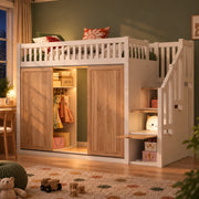 Letto per bambini con armadio, scala contenitore e LED, 90x200 cm, bianco/rovere