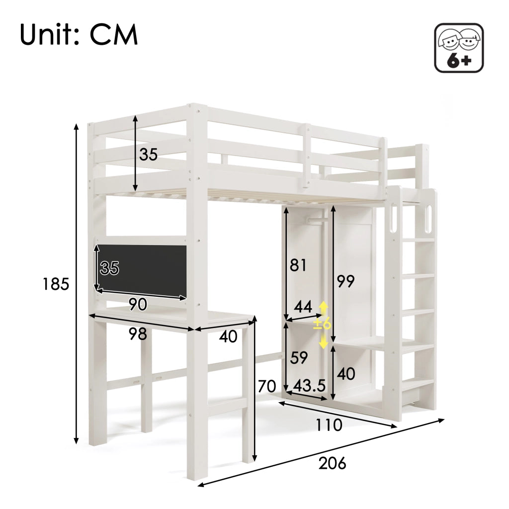 OKWISH Letto a Soppalco 90×200 cm, Letto Singolo con Scrivania, Lavagna e Armadio Aperto, senza Materasso, in Legno, Bianco
