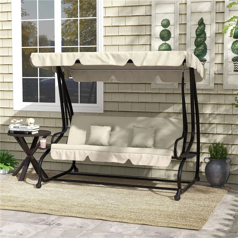 DONDOLO LETTO DA GIARDINO CON TETTUCCIO REGOLABILE E VASSOI, IN ACCIAIO E TESLIN, 200X120X164 CM, CREMA