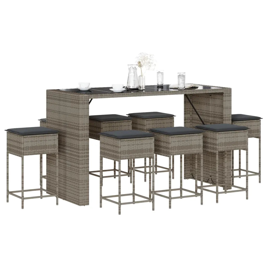 vidaXL Set Bar da Giardino 9 pz con Cuscini in Polyrattan Grigio