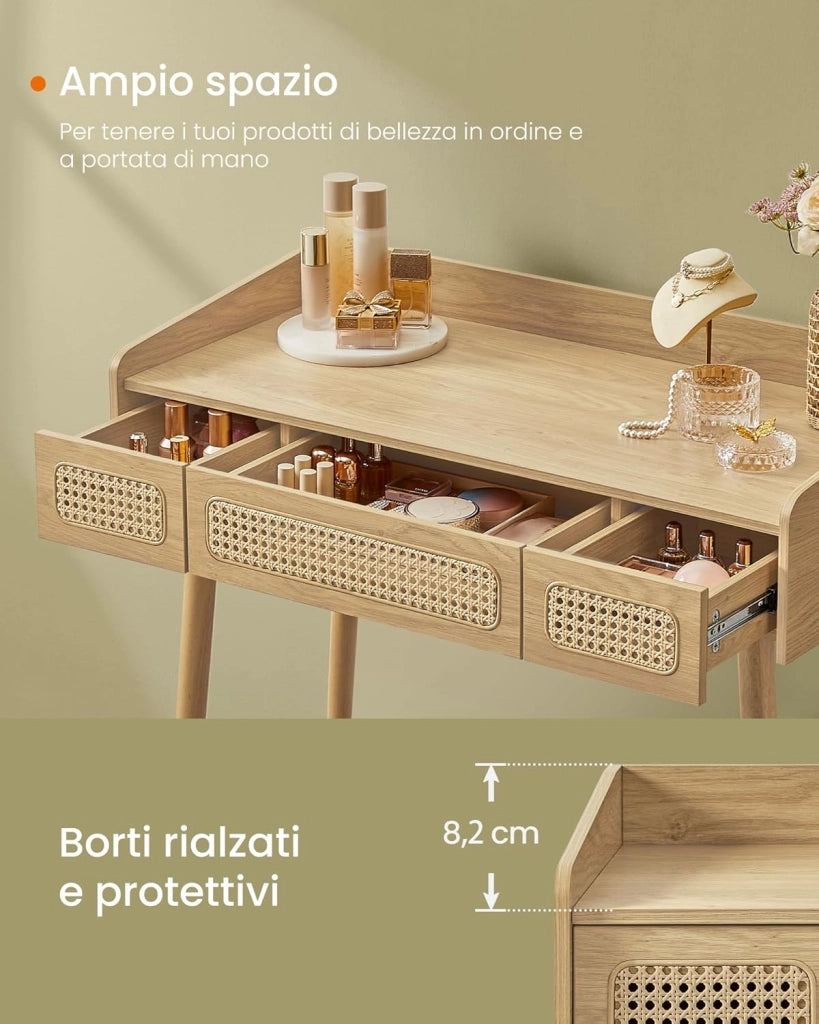 SONGMICS HOME Tavolo da Toeletta con Specchio e Luce, Tavolo da Trucco, 3 Cassetti Effetto Rattan, Luce con 3 Colori, Stile Bohemien, Camera da Letto, Rovere Beige RVT007Y01