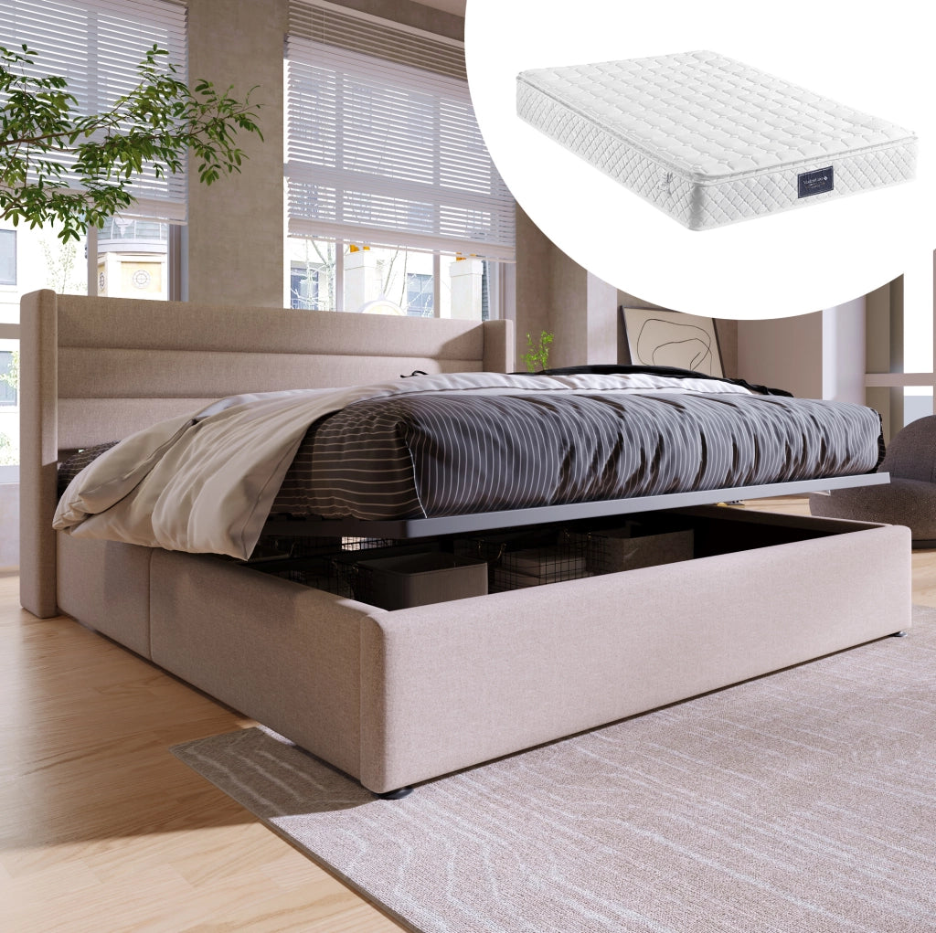 Letto contenitore matrimoniale 140x200 cm in lino beige con rete sollevabile e testiera imbottita