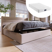 Letto contenitore matrimoniale 140x200 cm in lino beige con rete sollevabile e testiera imbottita