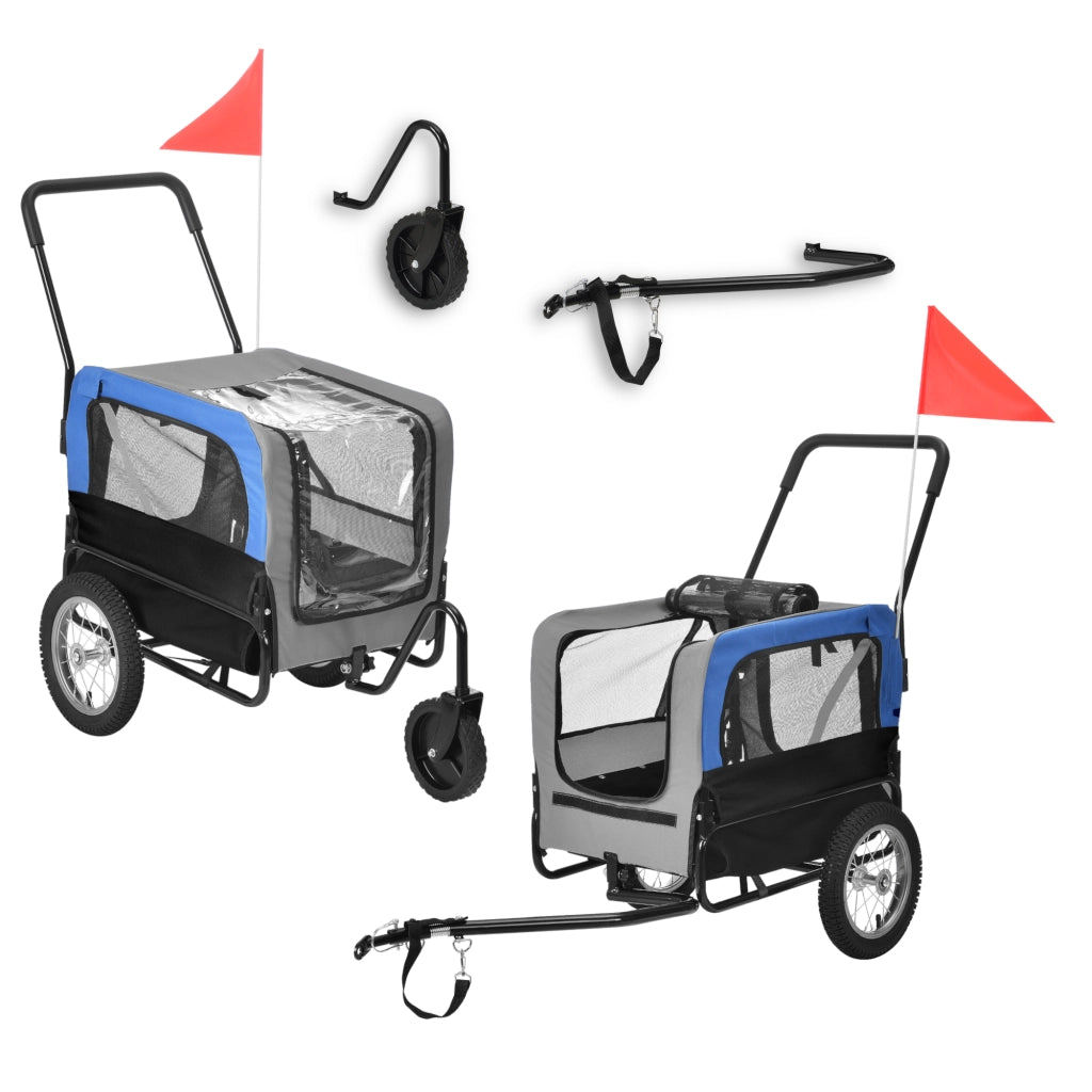 Rimorchio 2in1 per Bicicletta e Passeggiata per Cani e Animali Domestici Fino a 20 kg - Blu-Grigio-Nero pro.tec
