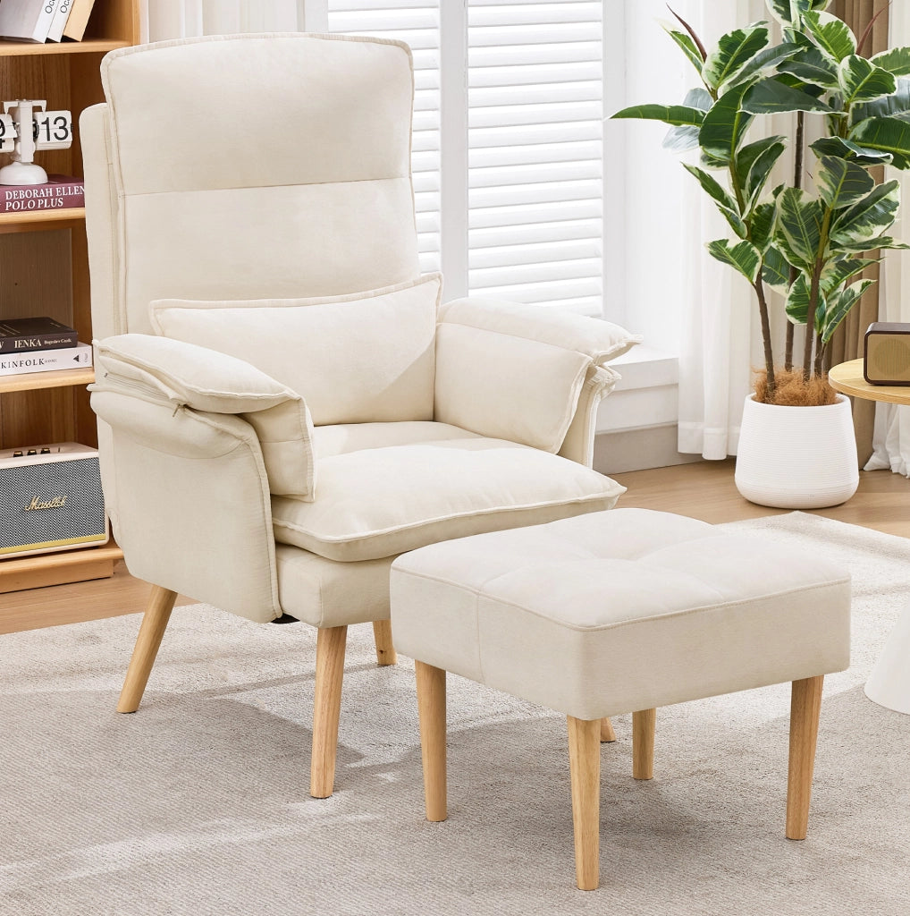 Poltrona relax con pouf; schienale 5 posizioni; beige in effetto lino