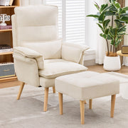 Poltrona relax con pouf; schienale 5 posizioni; beige in effetto lino