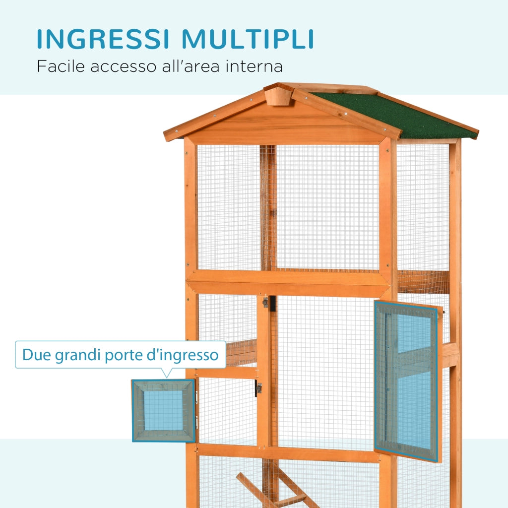 Gabbia per Uccelli Alta 165cm in Legno da Esterno con 2 Porte e Vassoio Estraibile, Arancione