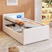 Letto imbottito per bambini in velluto beige con luci LED e USB, letto singolo 90x200