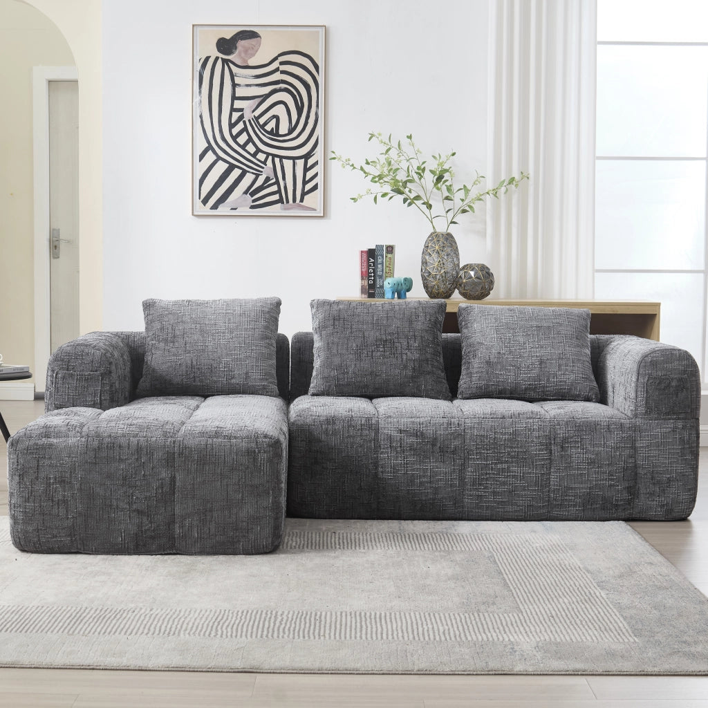 DIVANO angolare 250x158x60 cm in chenille grigio, con chaise longue e tasche laterali