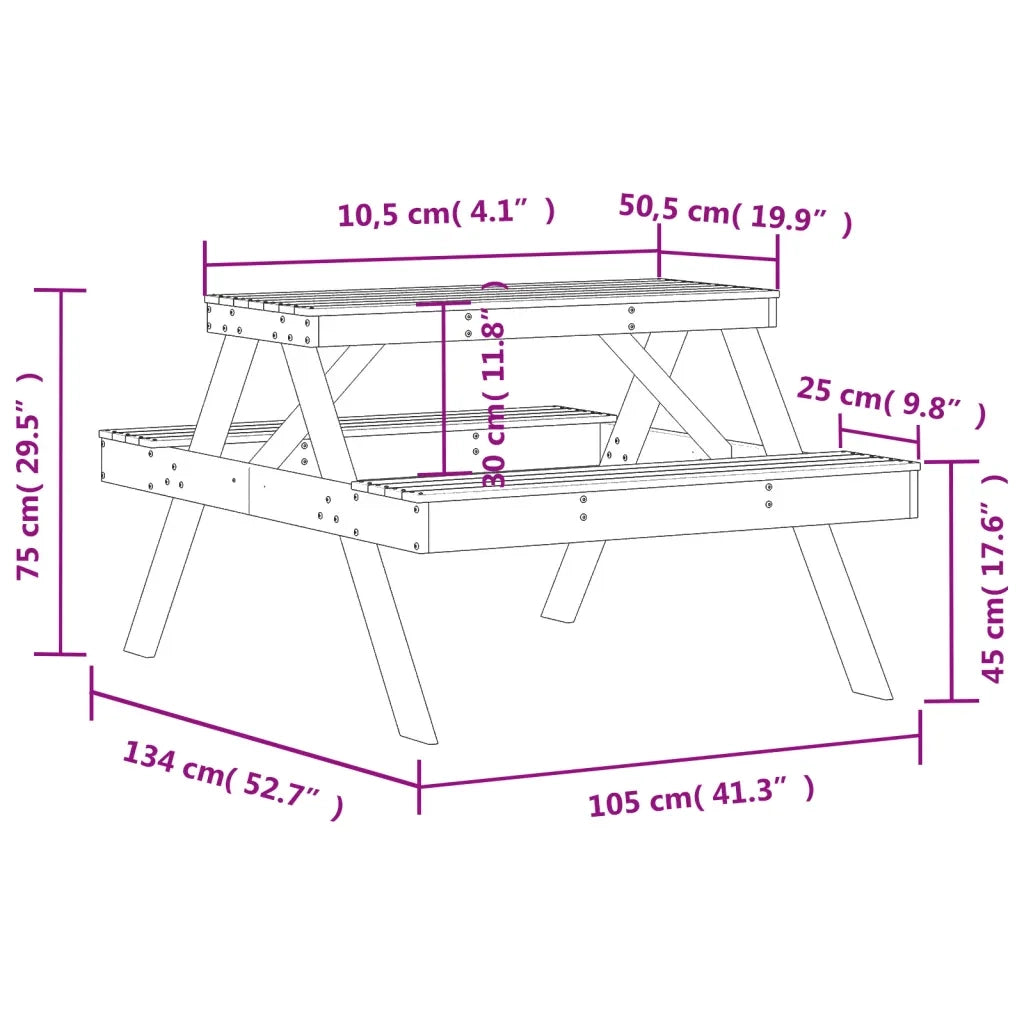Tavolo da Picnic Marrone Cera 105x134x75 cm Legno Massello Pino 844649