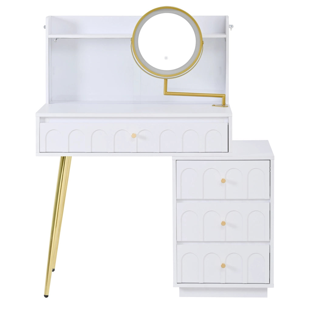 Tavolo Trucco con Specchio LED Girevole e Ante Scorrevoli in Vetro ¨C MINIMAL ¨C Bianco, 4 Cassetti, 112x40x116 cm