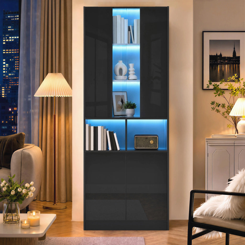 ARMADIO ALTO 70x35x180 cm Nero MDF e pannello truciolare con LED