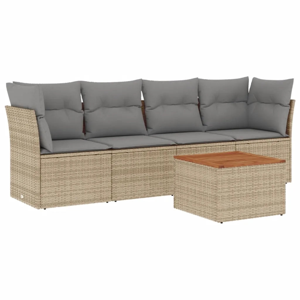 Set Divano da Giardino 5 pz con Cuscini Beige in Polyrattan