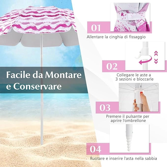 Set da Spiaggia di 4 Pezzi con Ombrellone, 2 Sedie Pieghevoli, Coperta da Picnic, Parasole Portatile per Esterni con Meccanismo di Inclinazione, Portabicchieri, Braccioli