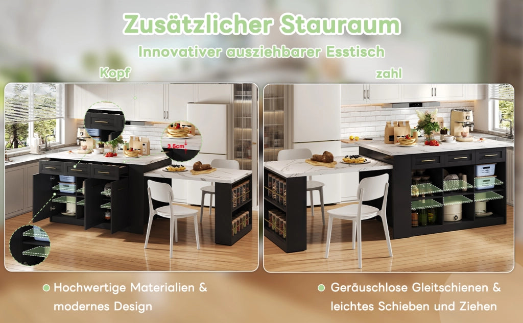 Isola da cucina moderna con tavolo estraibile 150x90x90 cm, finitura effetto marmo bianco, colore nero