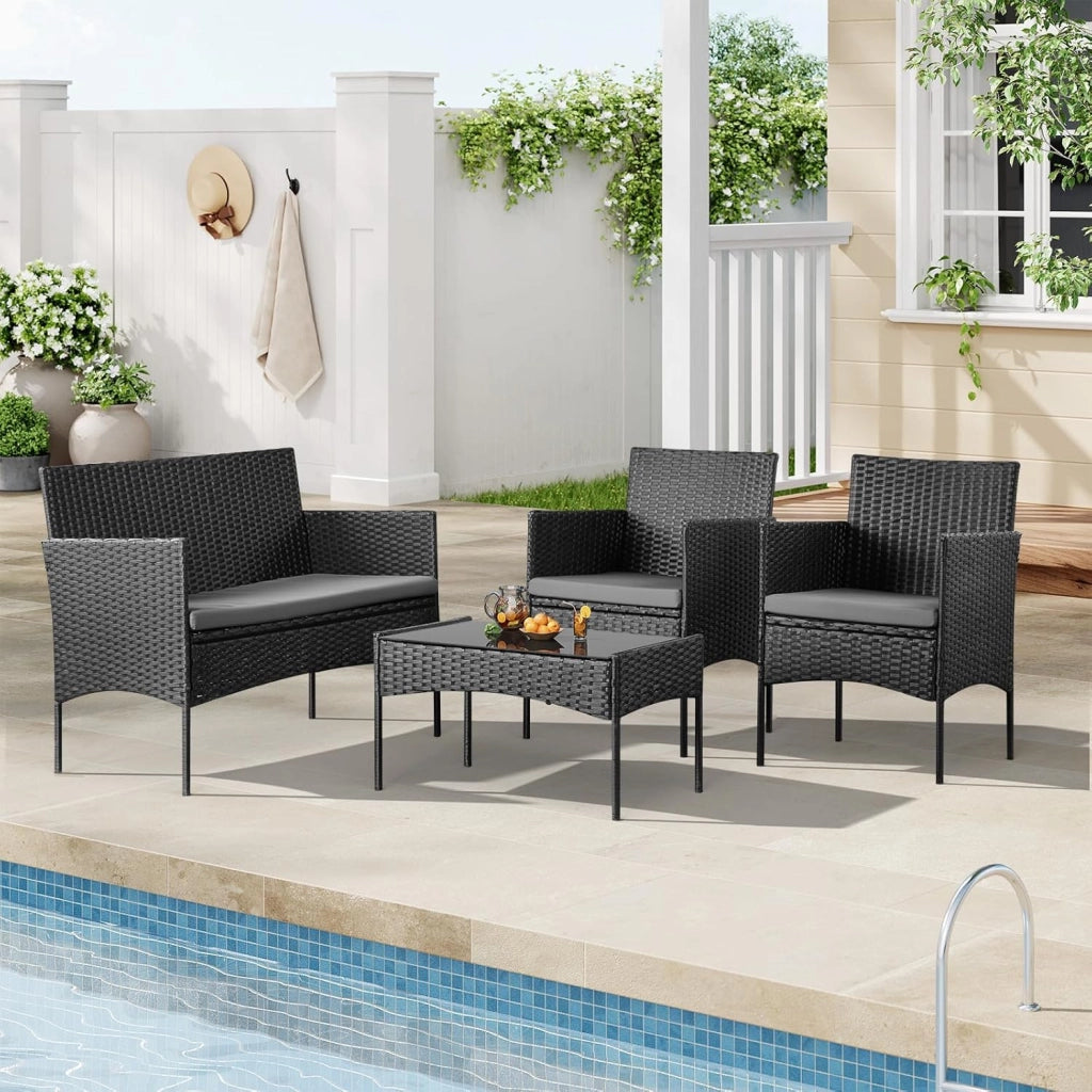 Salotto da Giardino Esterno in Polirotilene per 4 Persone, Set Mobili da Giardino con 1 Divano, 2 Poltrone, 1 Tavolino e Cuscini, per Giardino, Terrazza, Balcone, Grigio