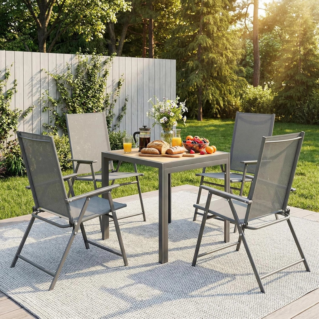 Set di 4 Sedie da Giardino Pieghevoli, Sedie da Campeggio con Schienale e Braccioli, Struttura in Metallo, Portata 121kg, Sedia Pieghevole Leggera per Balcone, Terrazza, Grigio Scuro
