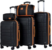 Set di 5 Pezzi Valigie da Viaggio, Set 3 Valigie Rigide in ABS (28”/24”/20”con 1 Bagaglio a Mano e 1 Borsetta, Lucchetto a Codice, Manico Telescopico e Ruote Girevoli, Trolley da Cabina (Nero)