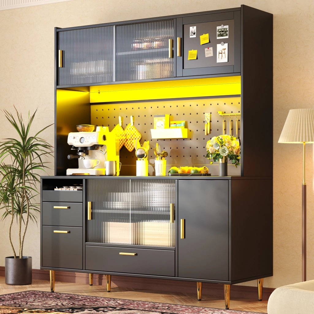 Credenza da cucina con cassetti e LED - per cucina - in MDF - 140×40×180 cm - nero