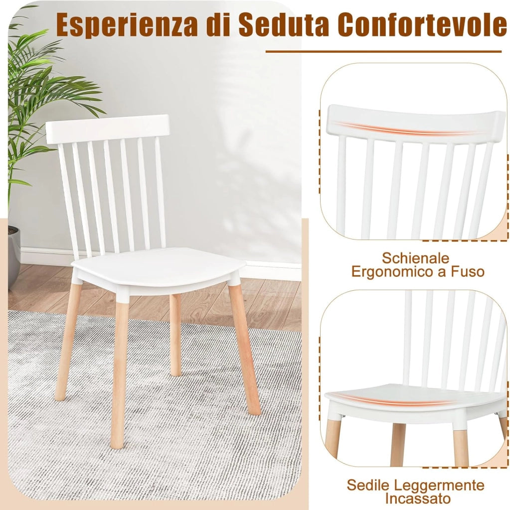 Set 4 Sedie da Pranzo Windsor 51,5 x 48 x 83 cm, Sedie da Cucina Moderno con Schienale a Spindle e Sedili Curvati, Gambe in Faggio e Punte Antiscivolo (Bianco)