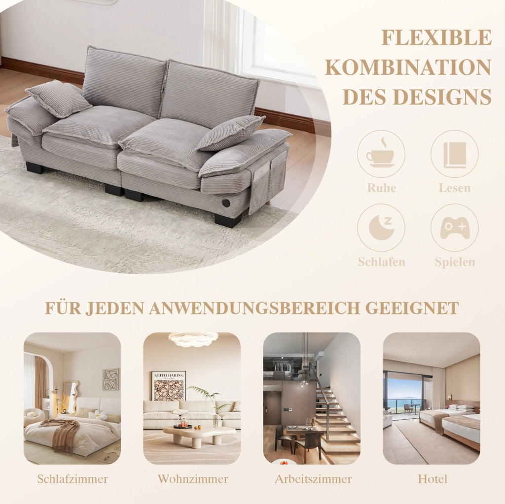 SOFA 2 POSTI 190x73x84 cm Corduroy Grigio Chiaro con USB-C