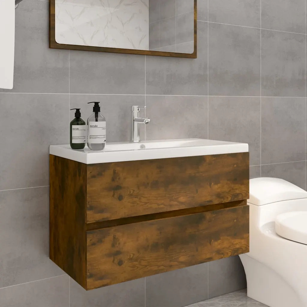 Mobile Bagno con Lavabo | Armadio Lavabo Integrato Rovere Fumo Legno Multistrato