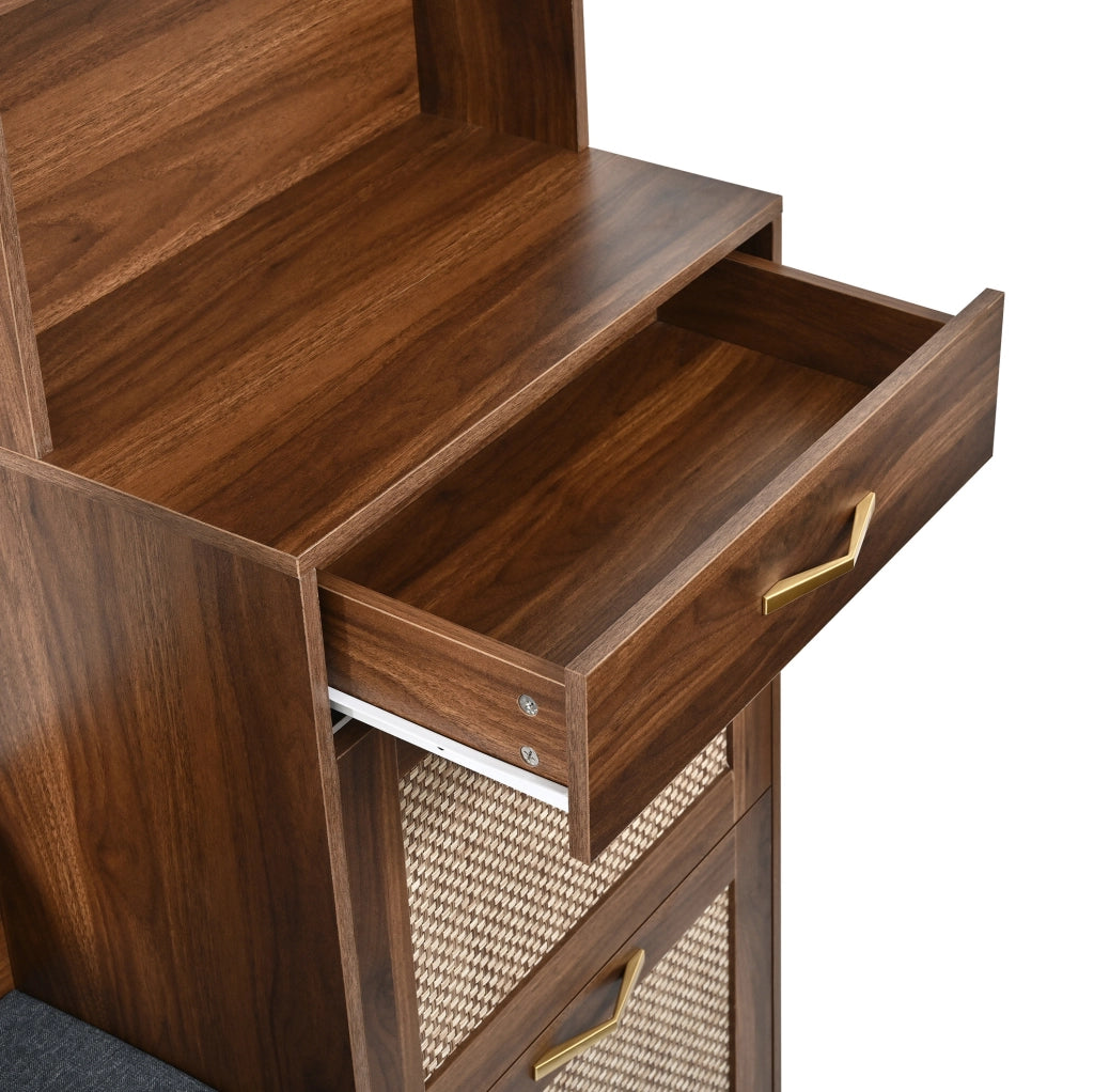 Guardaroba da ingresso 100x30x170 cm multifunzione con seduta; ante effetto rattan; MDF noce