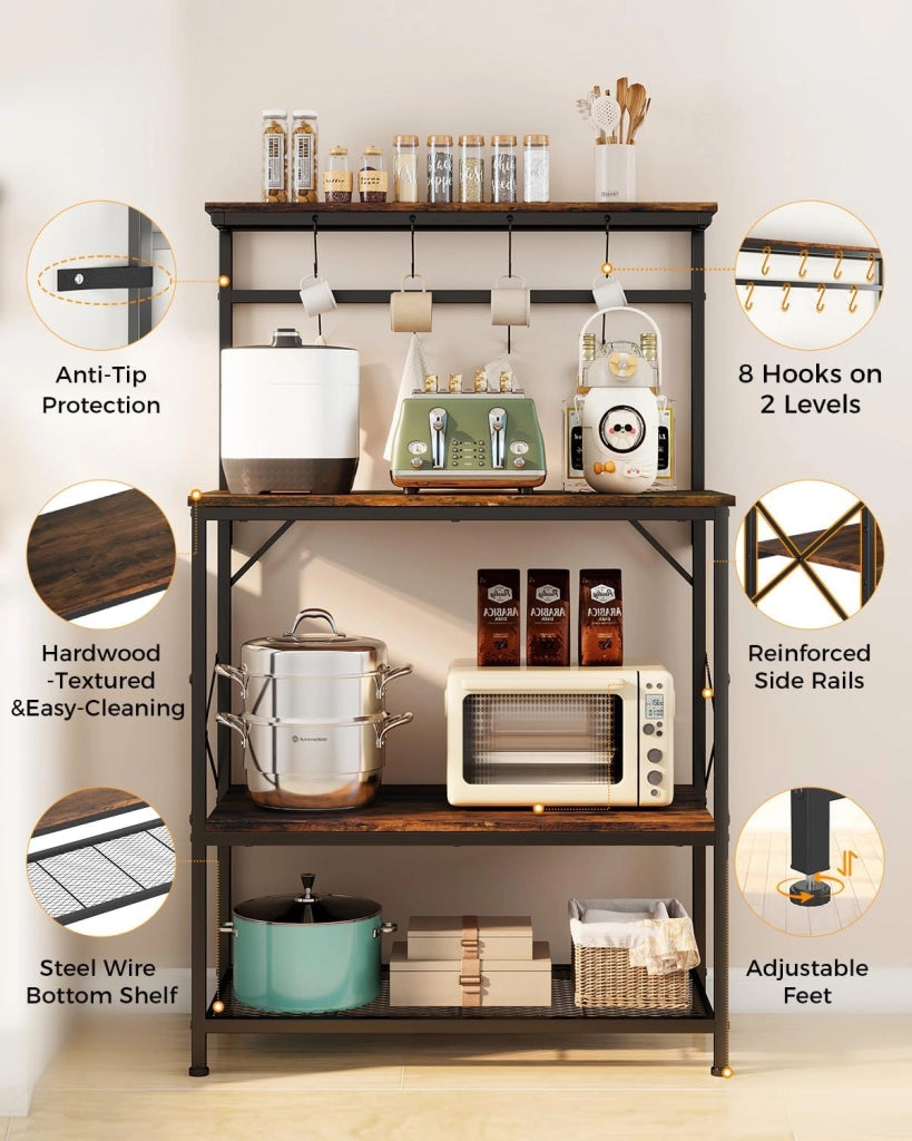 Scaffalatura, Scaffale Cucina, Scaffale a Piede, Scaffale per Microonde, Scaffale Spezie, Libreria con Protezione Anti-Ribaltamento, Mobile con 4 Ripiani, 8 Ganzi a S, 80x40x126cm, Marrone