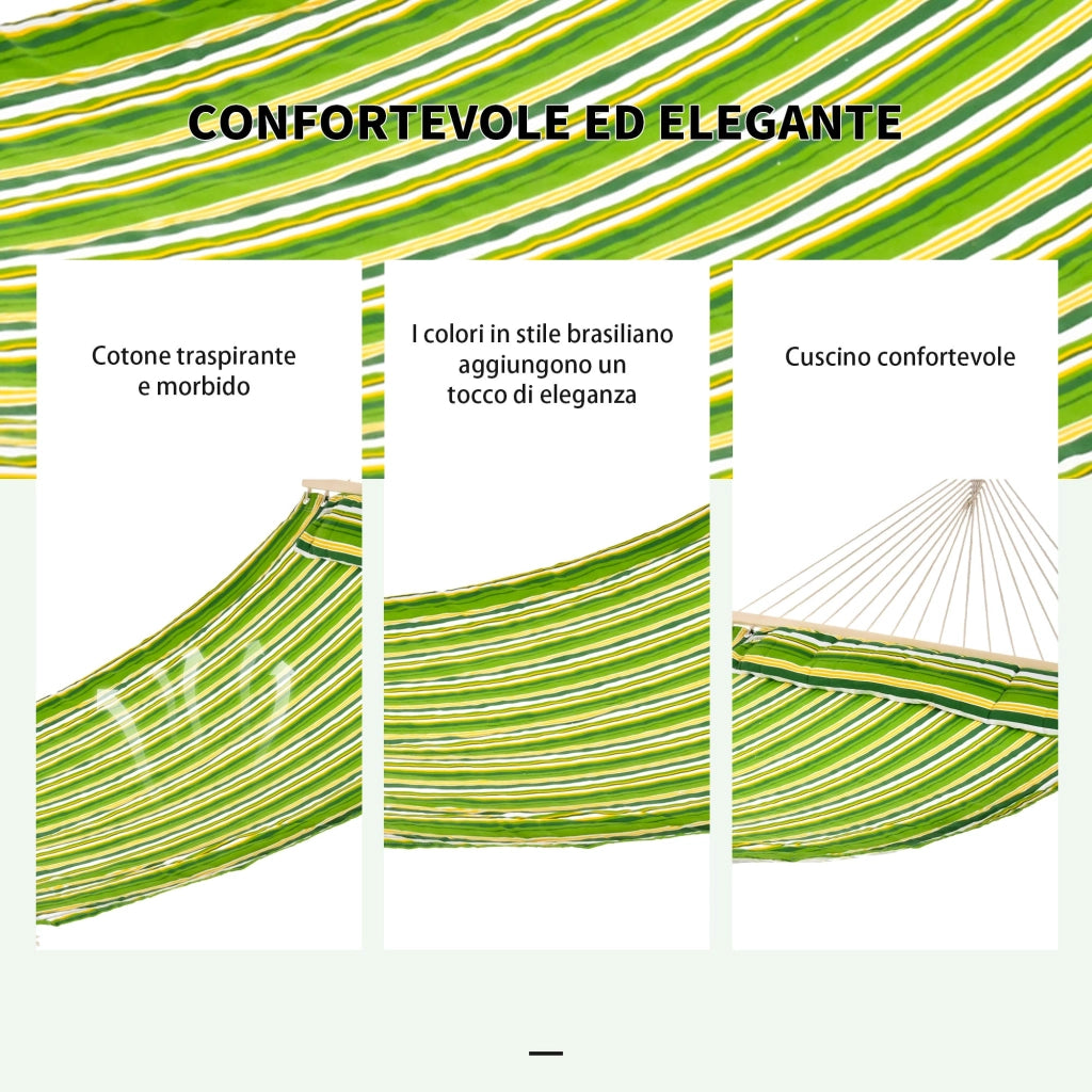 Amaca Matrimoniale in Cotone 284x140 cm a Righe Verde Giallo e Bianco