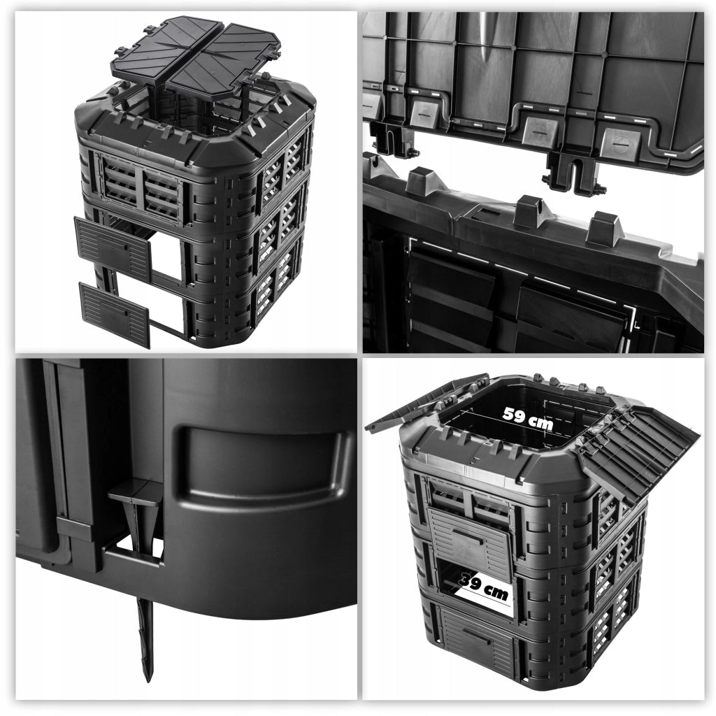 Compostiera modulare da giardino KADAX 860L resistente al gelo, utilizzabile tutto l'anno, colore nero.