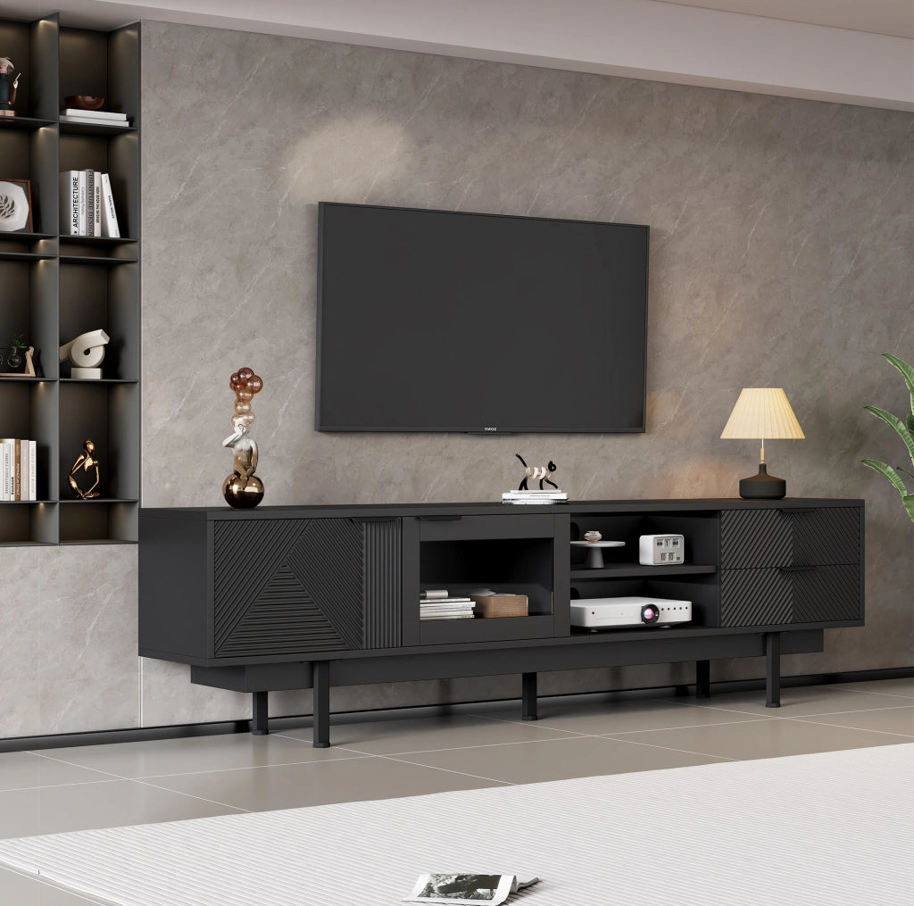 Mobile TV nero 200 cm con 2 ante, 2 cassetti e vetro