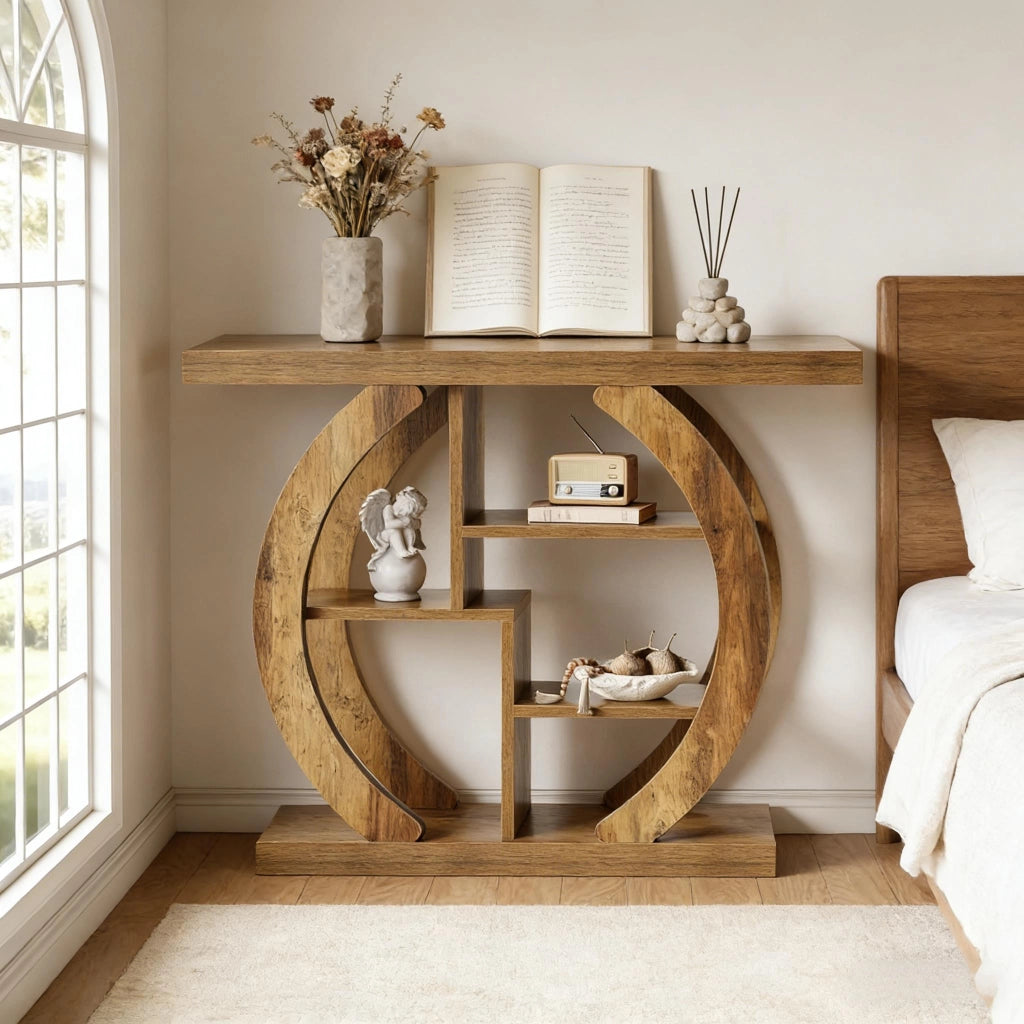 Consolle salvaspazio a 4 livelli con 4 ripiani in legno, stile rustico, per ingresso e soggiorno, marrone, 108 cm