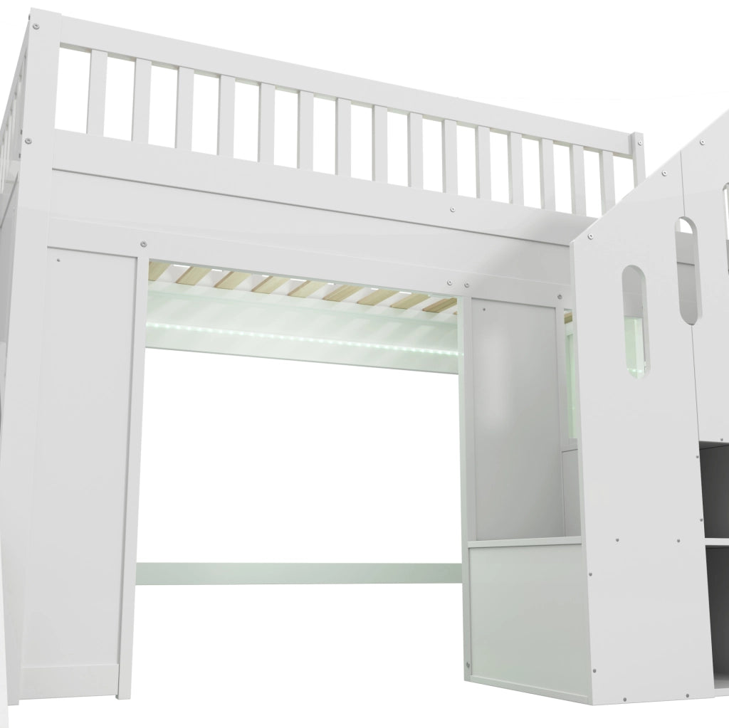 Letto a soppalco per bambini 90x200 cm con scivolo; scala contenitore e LED; in pino bianco