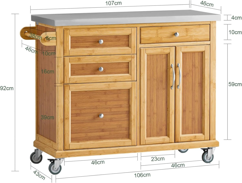 Carrello Cucina con Ruote Isola Cucina con Piano di Lavoro in Acciaio Inox, 4 Cassetti e Ripiani Regolabili Mobile Salvaspazio per Mobili da Cucina Naturale 115 x 46 x 92 cm FKW70-N