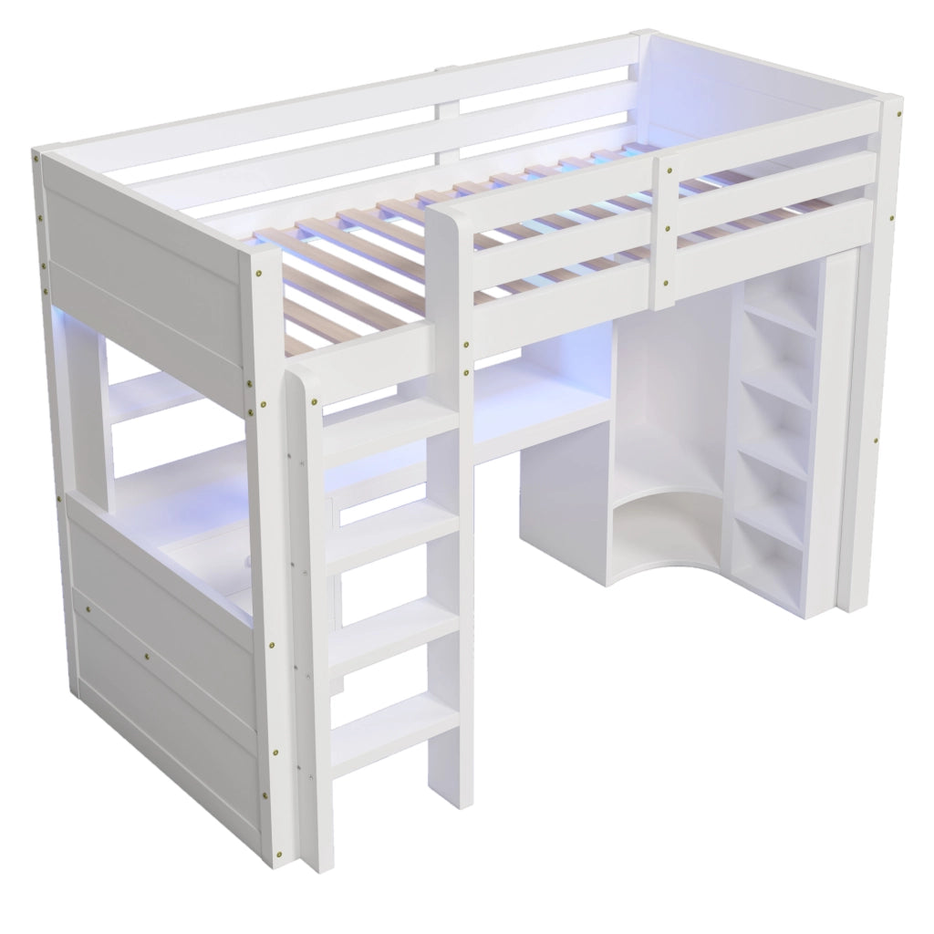 Letto a soppalco singolo 90×200 cm con LED; armadio; scrivania e 3 cassetti; senza materasso; legno bianco