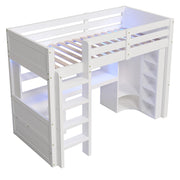 Letto a soppalco singolo 90×200 cm con LED; armadio; scrivania e 3 cassetti; senza materasso; legno bianco
