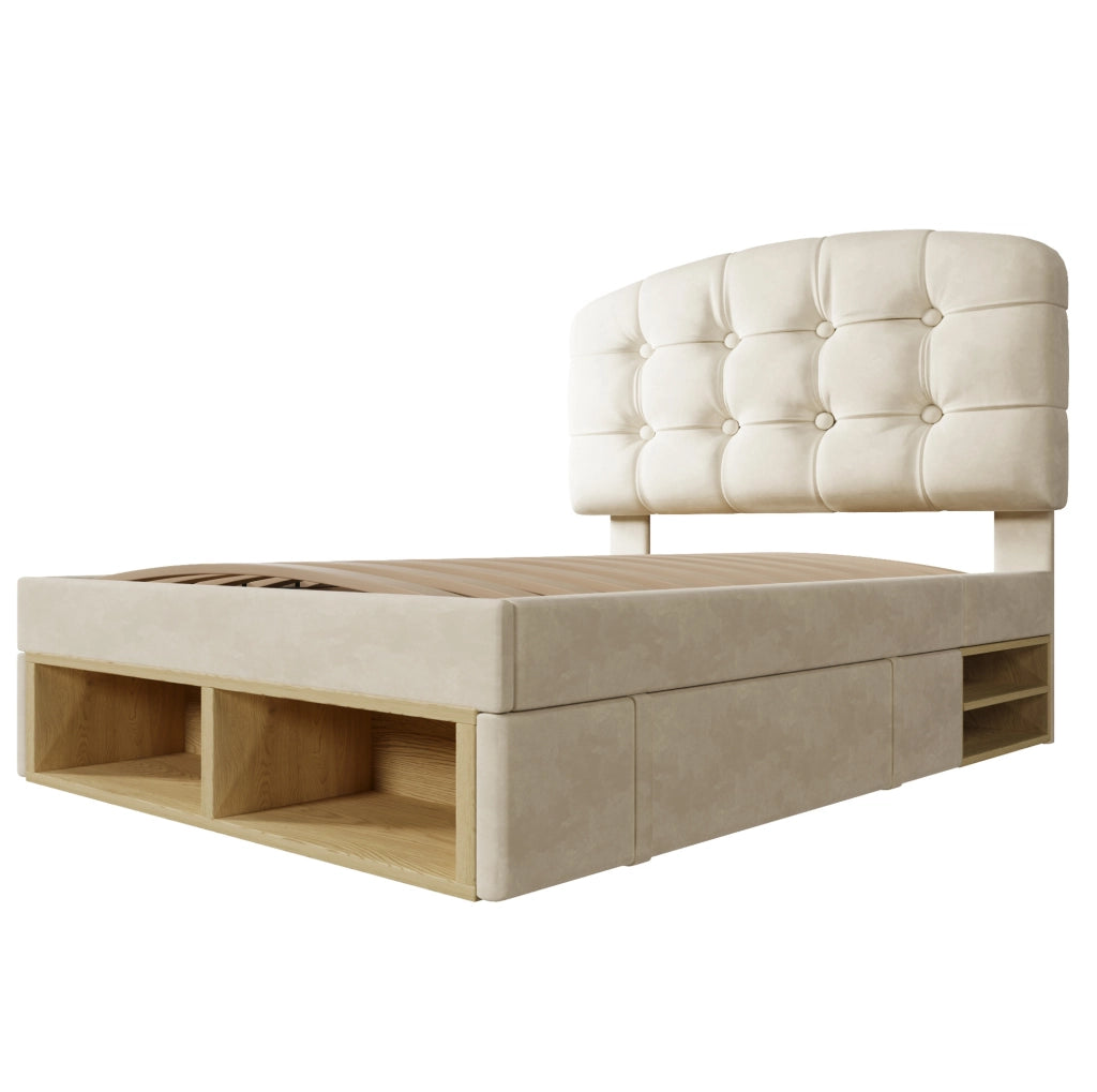 Letto singolo 90x200 cm con testiera regolabile; cassetti e vani; velluto beige