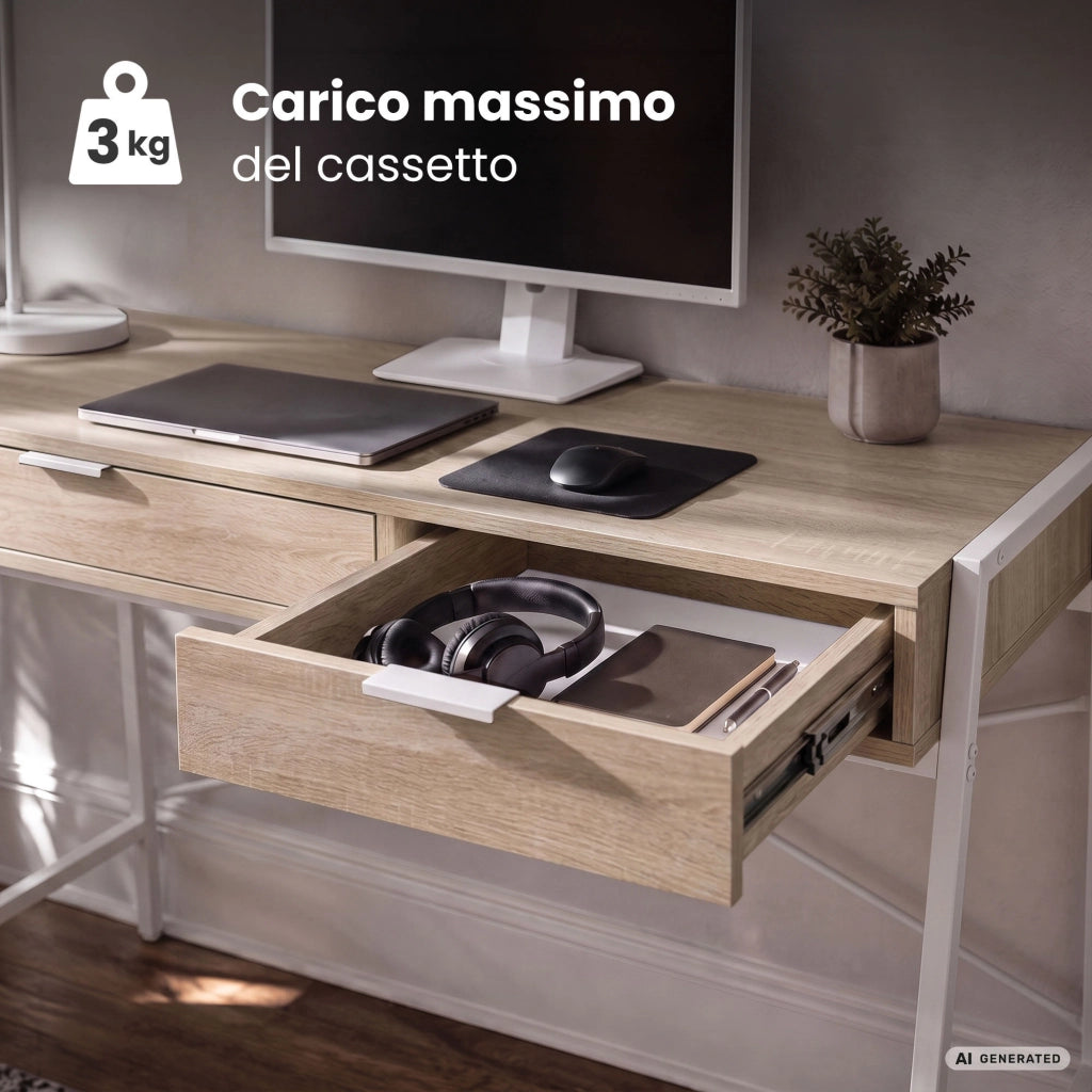 Scrivania industriale per computer Rovere Sonoma ZENTIA 100 cm 2 cassetti gambe bianche